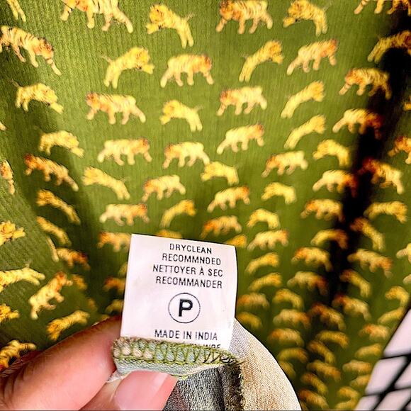 Anthropologie Conditions Apply Olive Green Tiger Print Ruffle Sleeve Dress - Picture 13 of 15